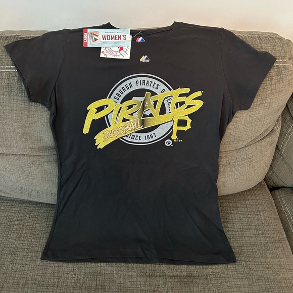 Majestic Tops - Majestic Pittsburgh Pirates MLB Baseball Women's Black T-Shirt Sz: L